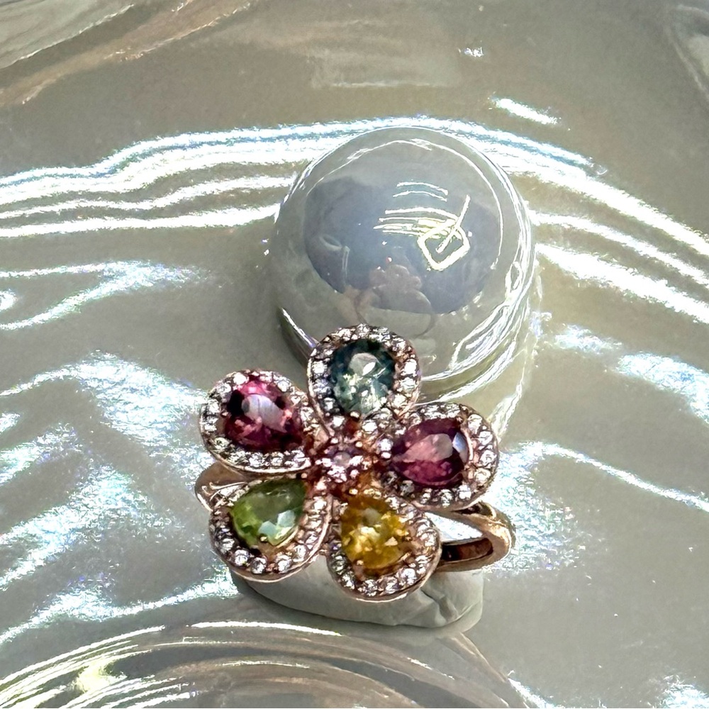 RTR8  2.15CT Natural Rainbow Tourmaline 3D 17mm FLOWER Ring 18K Rose Gold S925
